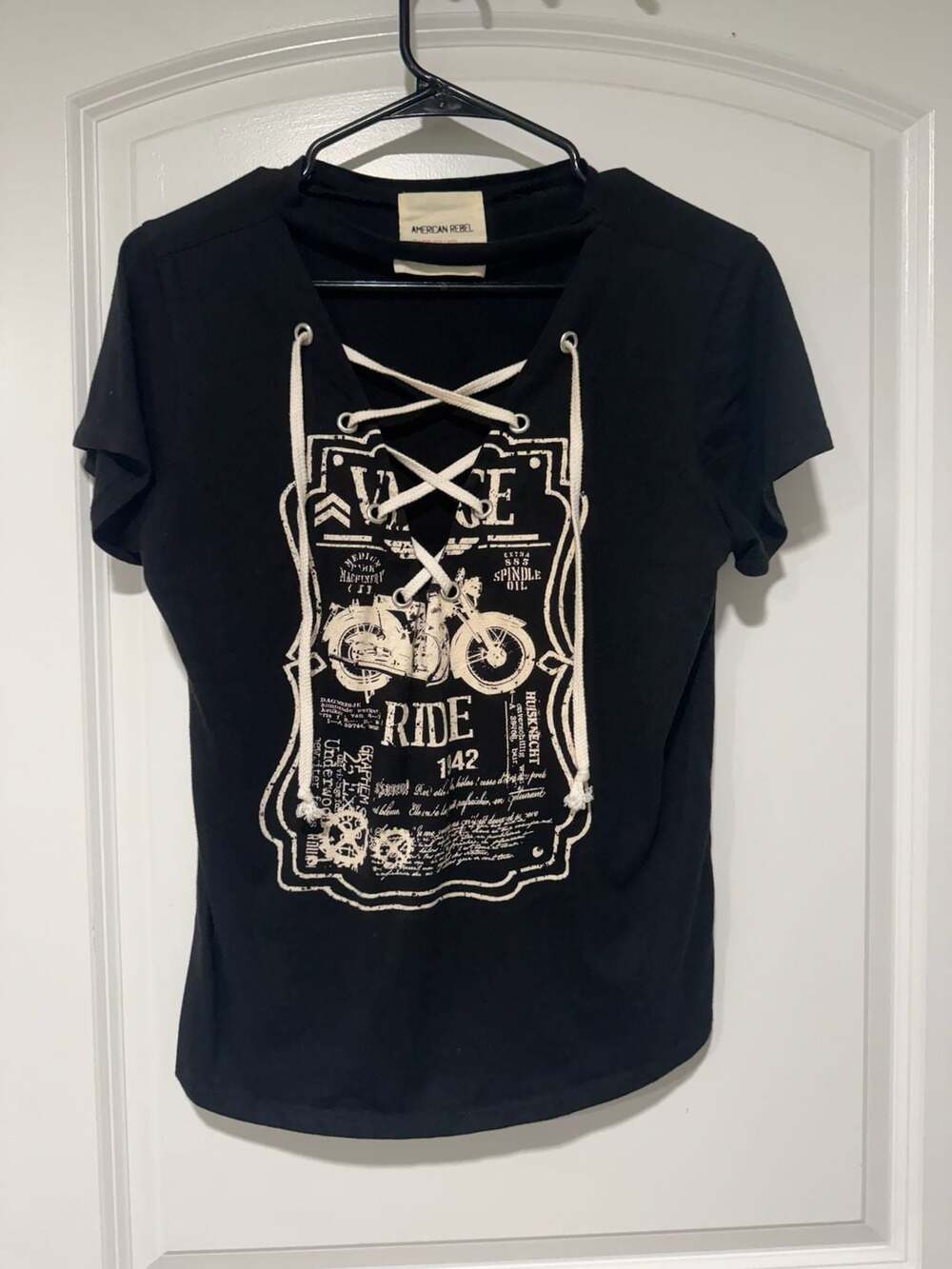 Y2K Moto Lace Up Graphic Tee Biker Grunge Indie Sleaze Black Women’s M